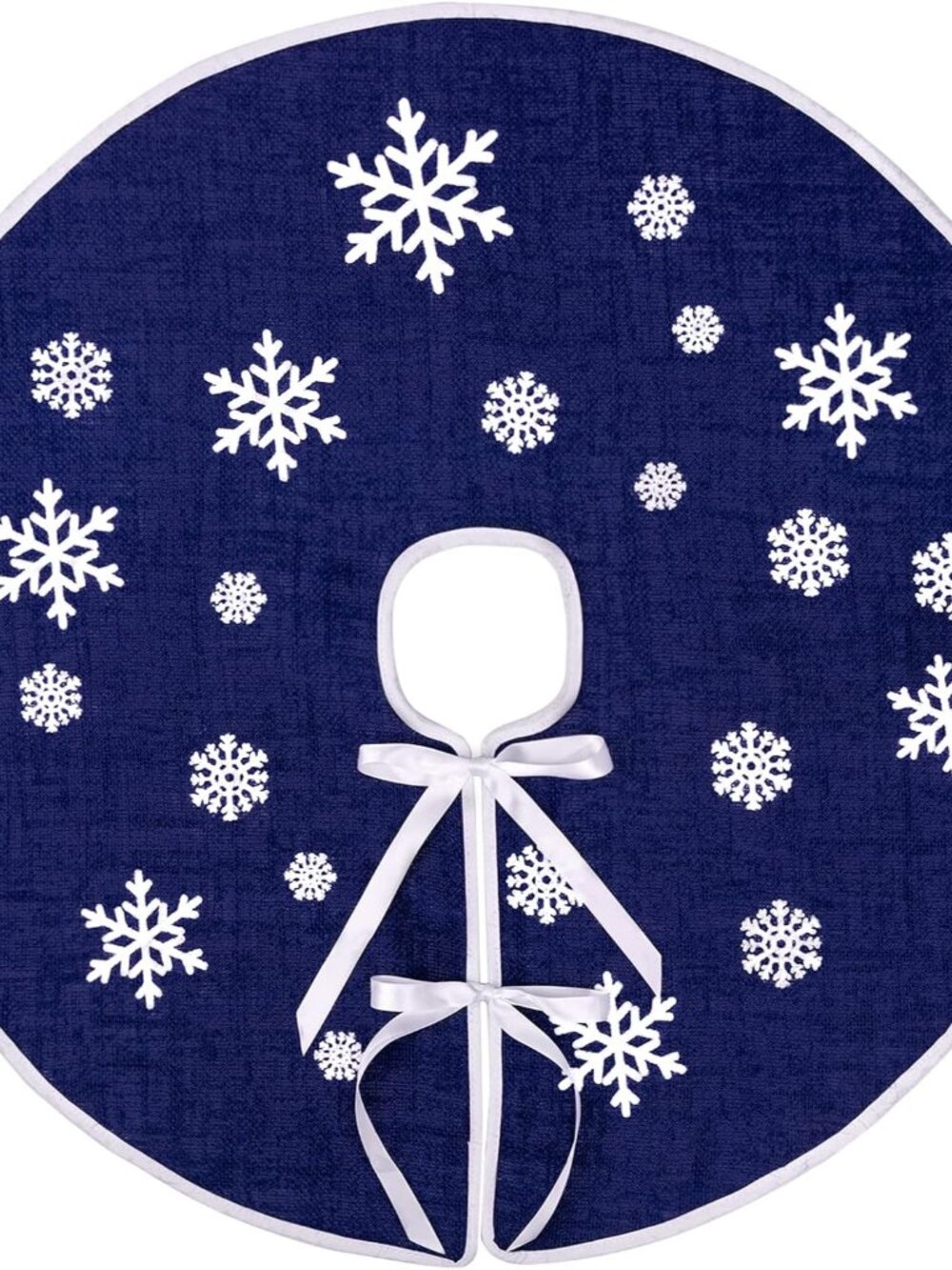30 Inch Christmas Burlap Tree Skirt with White Snowflakes Decorations, Blue